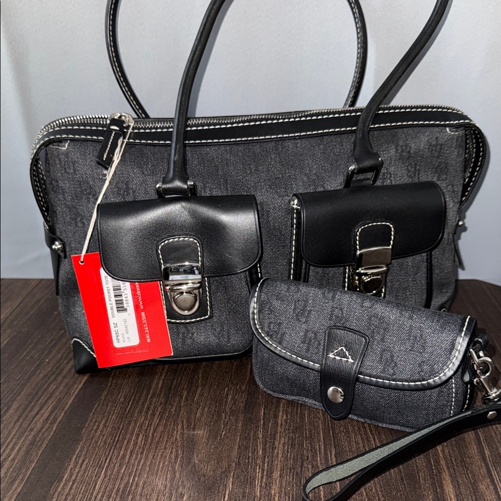 Dooney & Bourke Black and Gray Denim Logo Tote with Pouches NWT